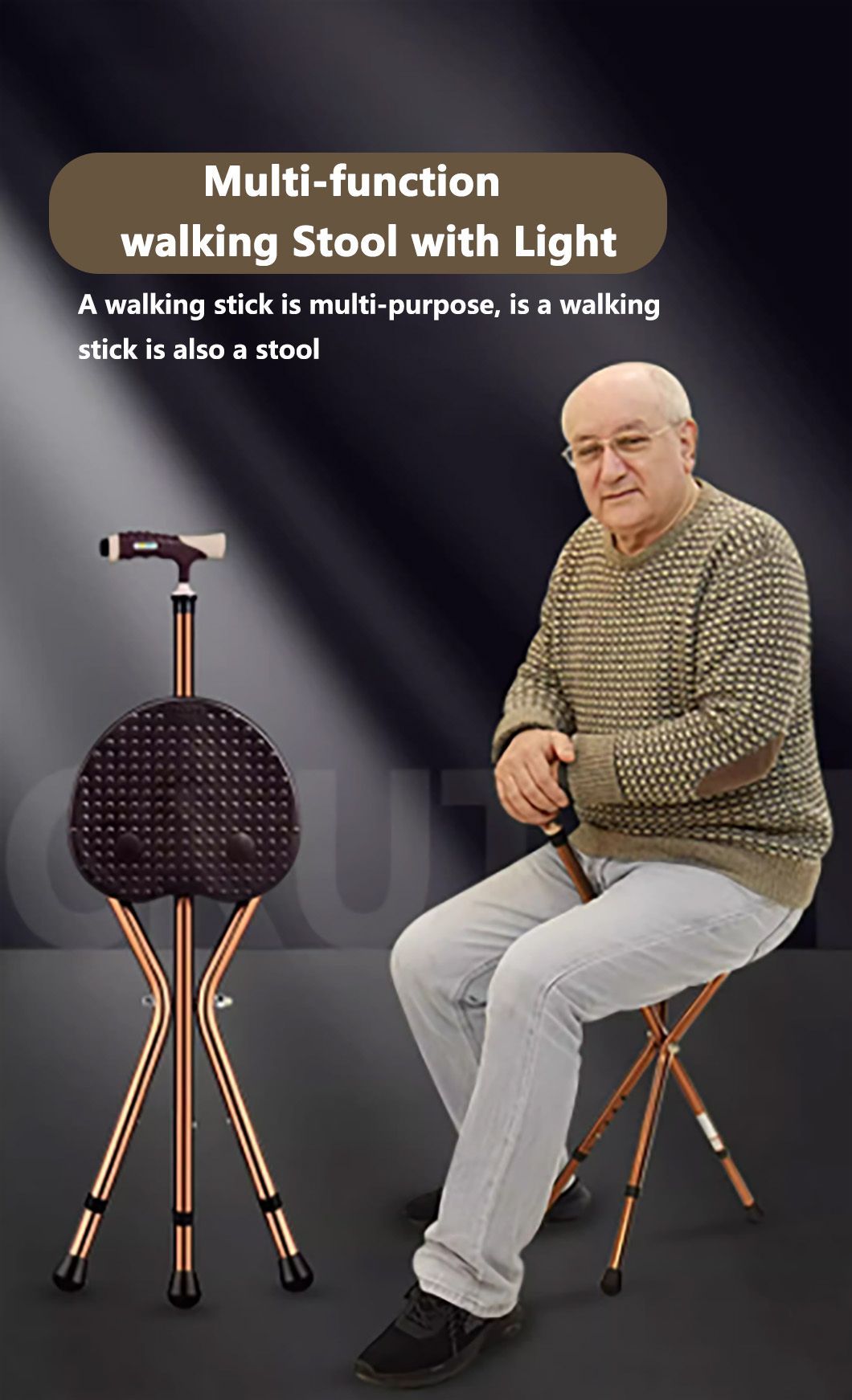 Multi Functional Walking Stick Three Legs Adjust Foldable Walking Stick Chair with Seat