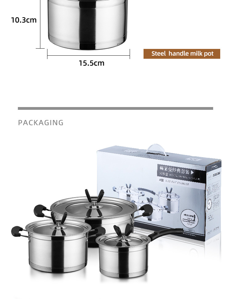 New Design Cooking Set 6 Piece Kitchen Cookware 18/8 Stainless Steel Pans And Pots Set