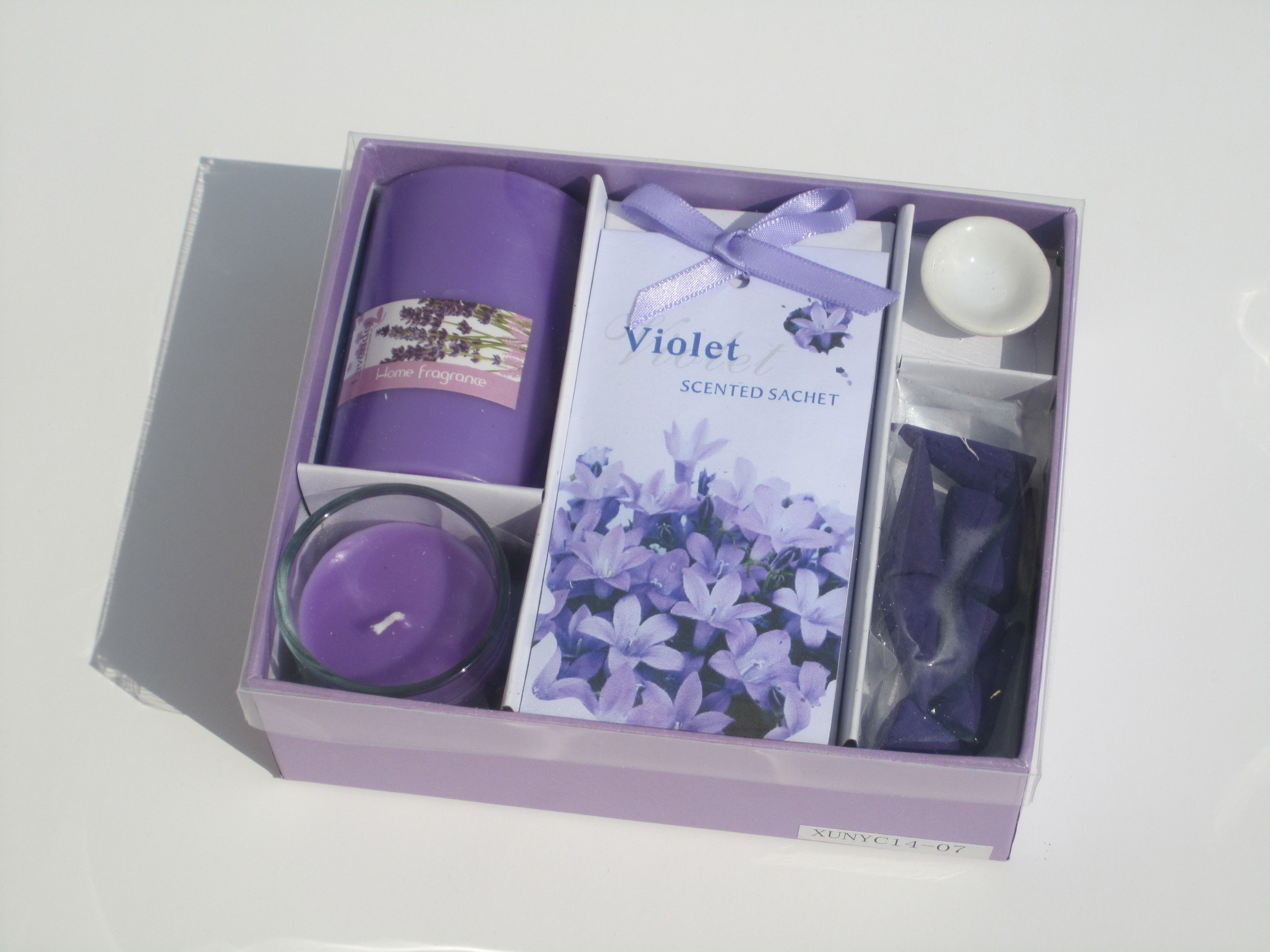 Purple lavender fragrance scented pillar & glas candle SPA gift ,incense with printed label packed into gift box