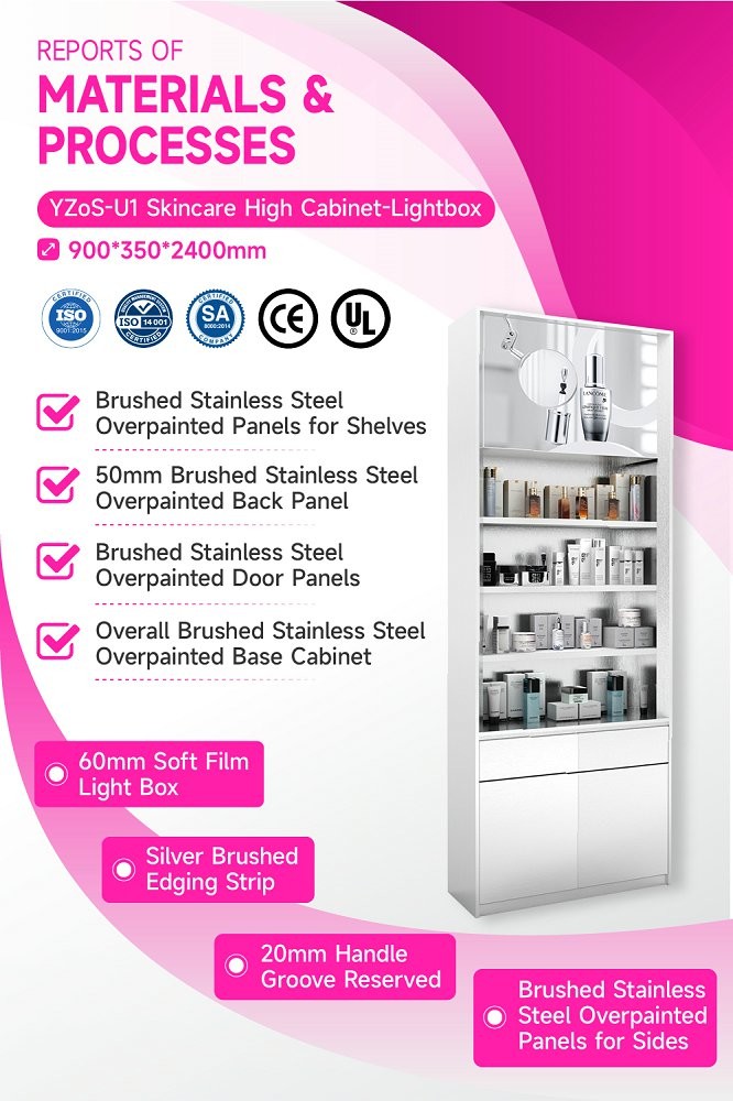 YZoS-U1 60mm Soft Film Light Box Skincare Display Cabinet With Silver Brushed Edges