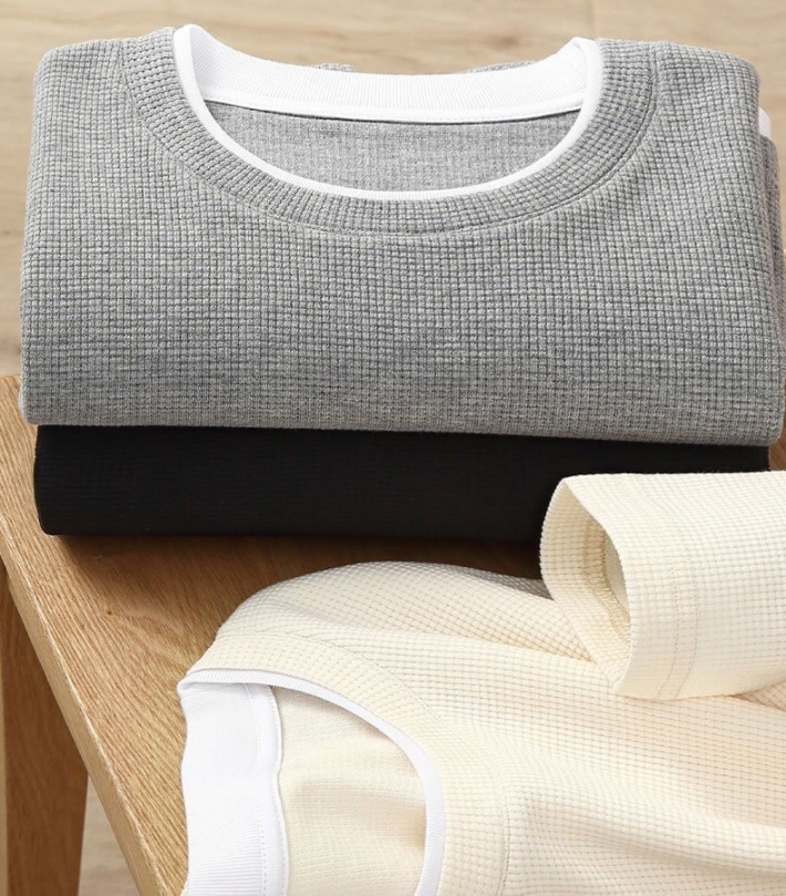 6xl 5xl 3xl Crewneck Sweatshirt Oversized Casual Style Men'S Waffle Knit Thermal Fleece T-Shirt