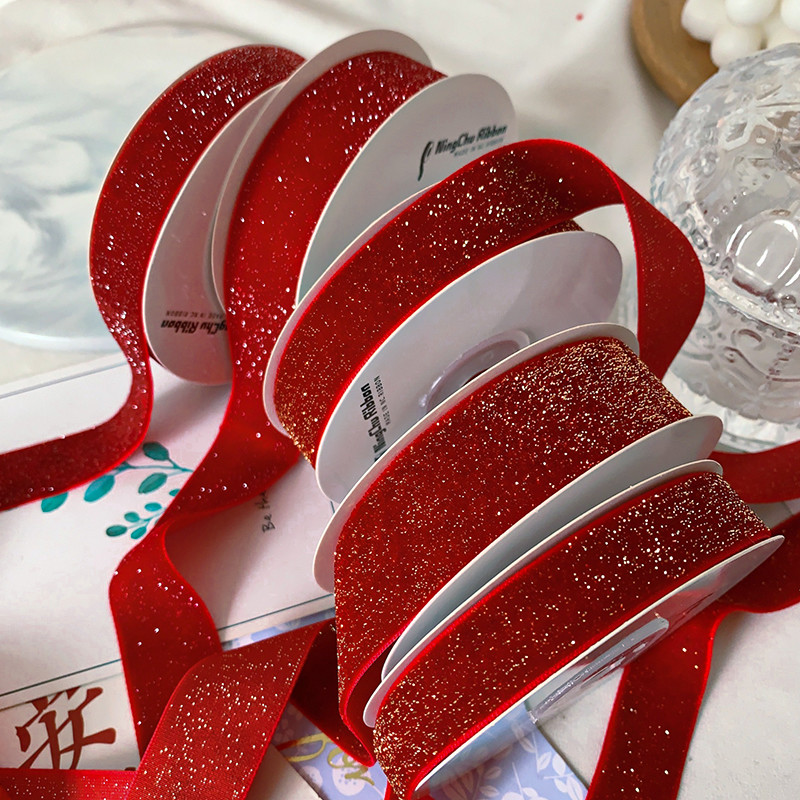 Shinny Glitter Velvet Ribbon 6mm-38mm Deep Red Velvet Ribbon Soft