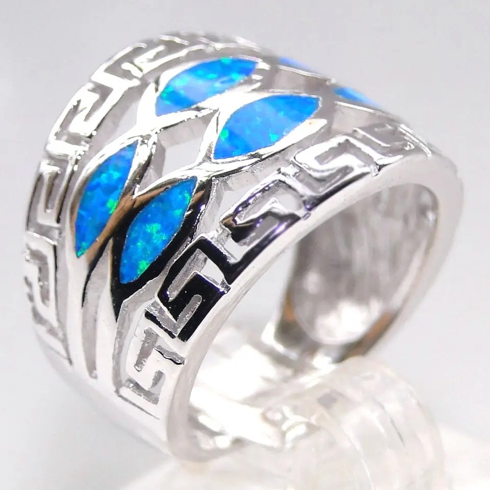 Blue Fire Opal Greek Mini Design Solid 925 Sterling Silver Ring Sizes Greek Opal Jewelry Inlay