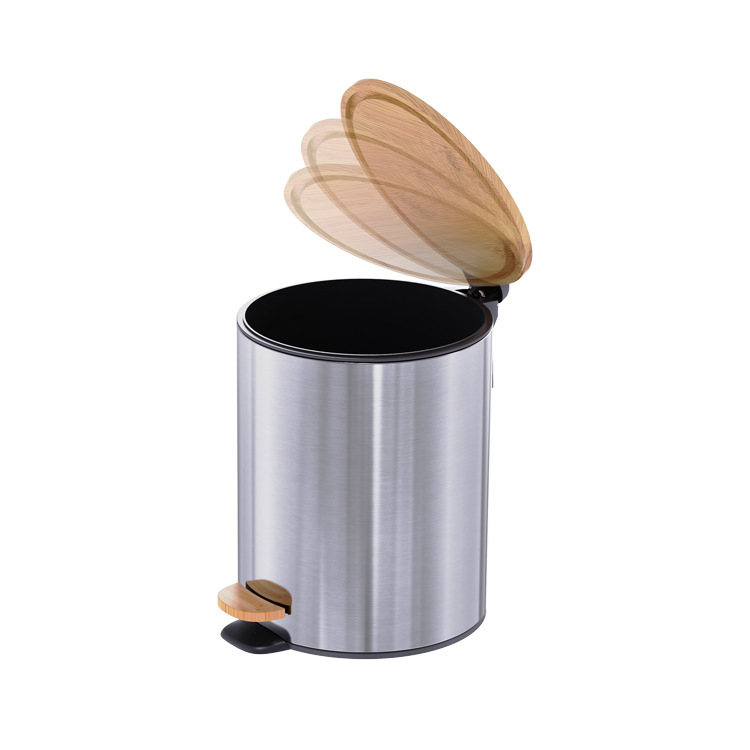 Space-Saving Rolling Cover Style Stainless Steel Trash Bin with Thin Bamboo Lid and Pedal