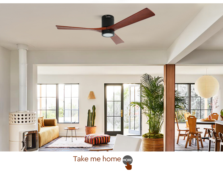 Modern 3 Blade Natural Wood LED Flush Mounted Ceiling Fan with 5 Speeds DC Motor