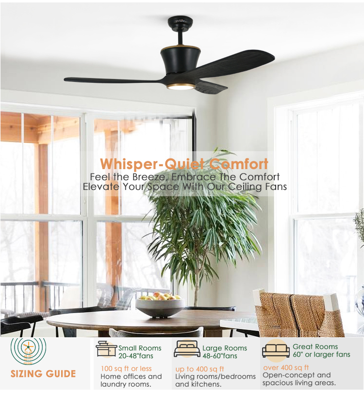 Pure Copper DC Power Source Black Wooden Blades LED Ceiling Fan with 3 Color Lighting