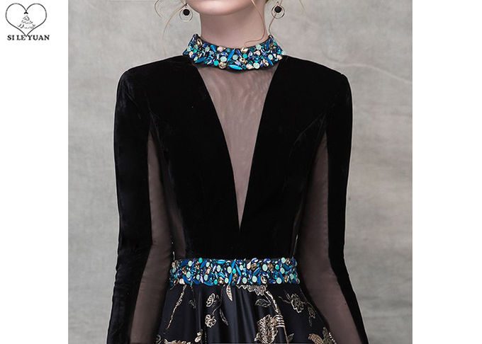 Birds Pattern Black Long Sleeve Ball Gown Blue Diamonds Beaded Back Hollow