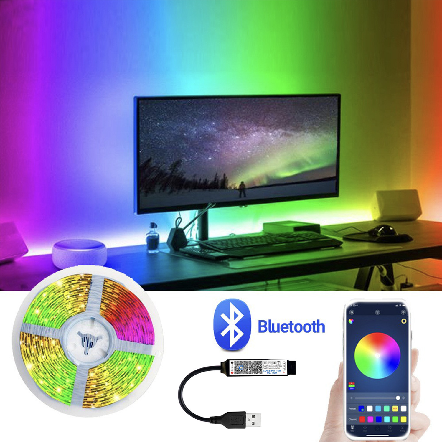 Support Dimmer Yes 5m RGB Strip Light Set With 24keys Bluetooth 5V RGB SMD 5050 LED