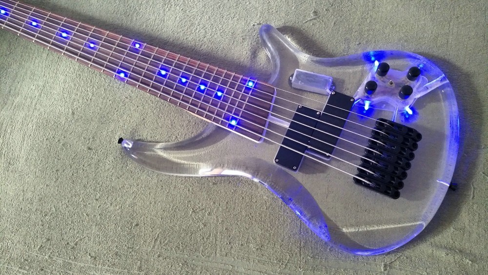 7 Strings Bass Guitar Limited Edition Clear Acrylic Body Rosewood fingerboard inlay Blue LED lamp Electric Bass Guitar