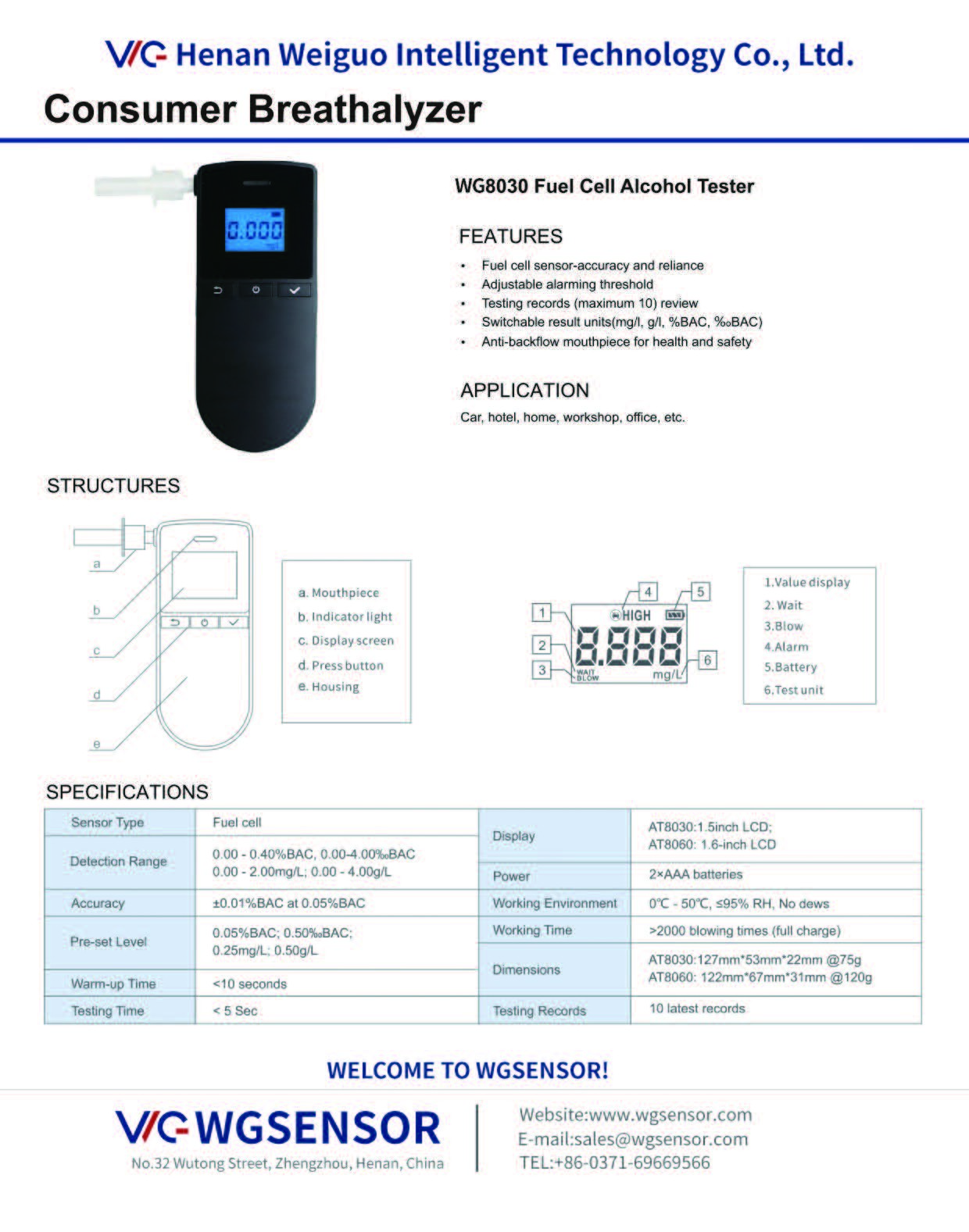 Poland OEM/ODM Handheld LCD Display Digital Fuel Cell Breathalyzer (WG8030)