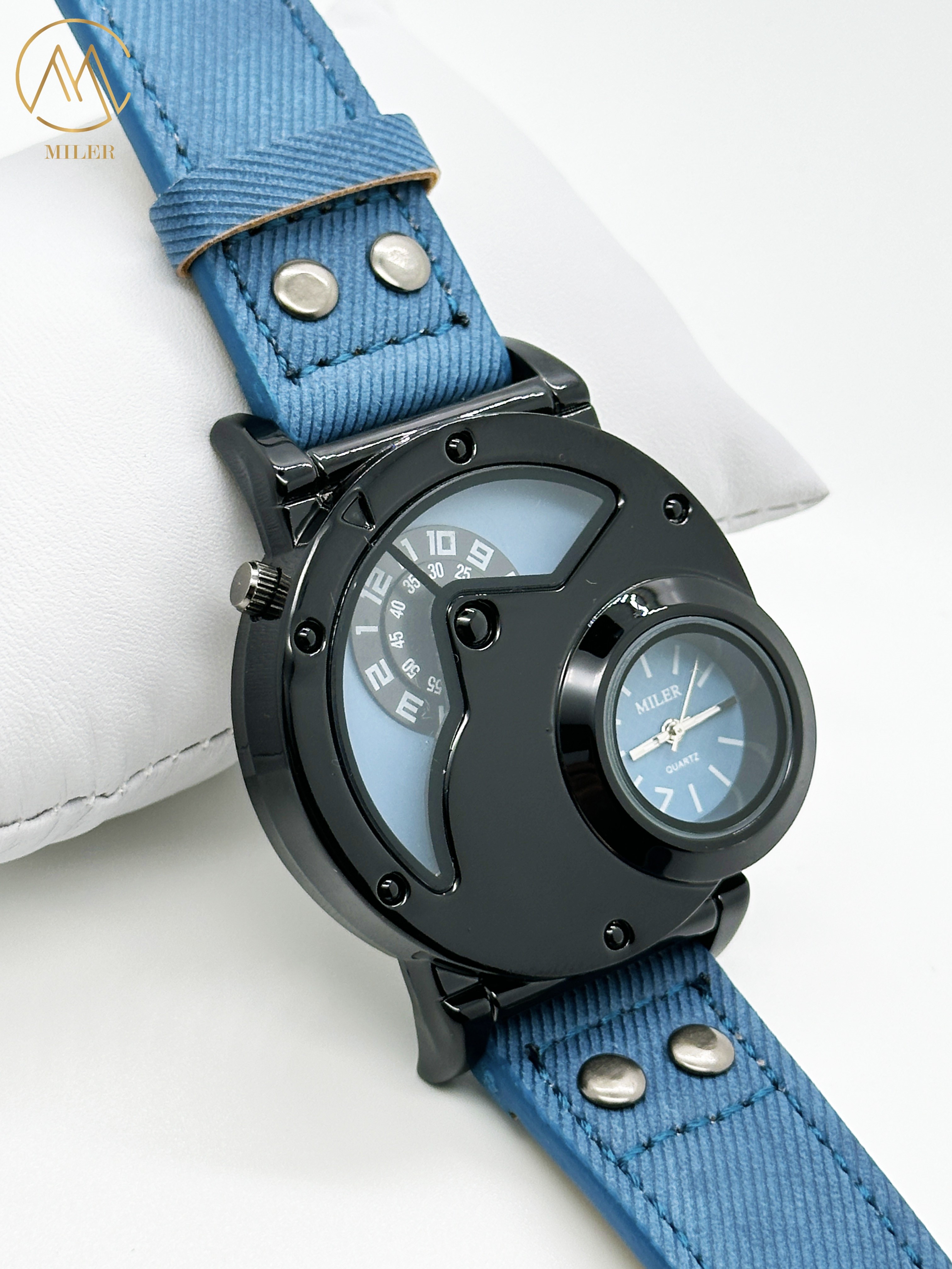 OEM Double Movement Mens Sports Watch With Denim Band Hook Buckle