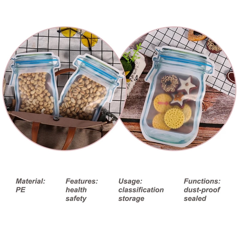 Factory Price Mason Jar Shape Storage Bags Snacks Candy Fresh Zipper Seal Food Reusable Stand-up Organizer