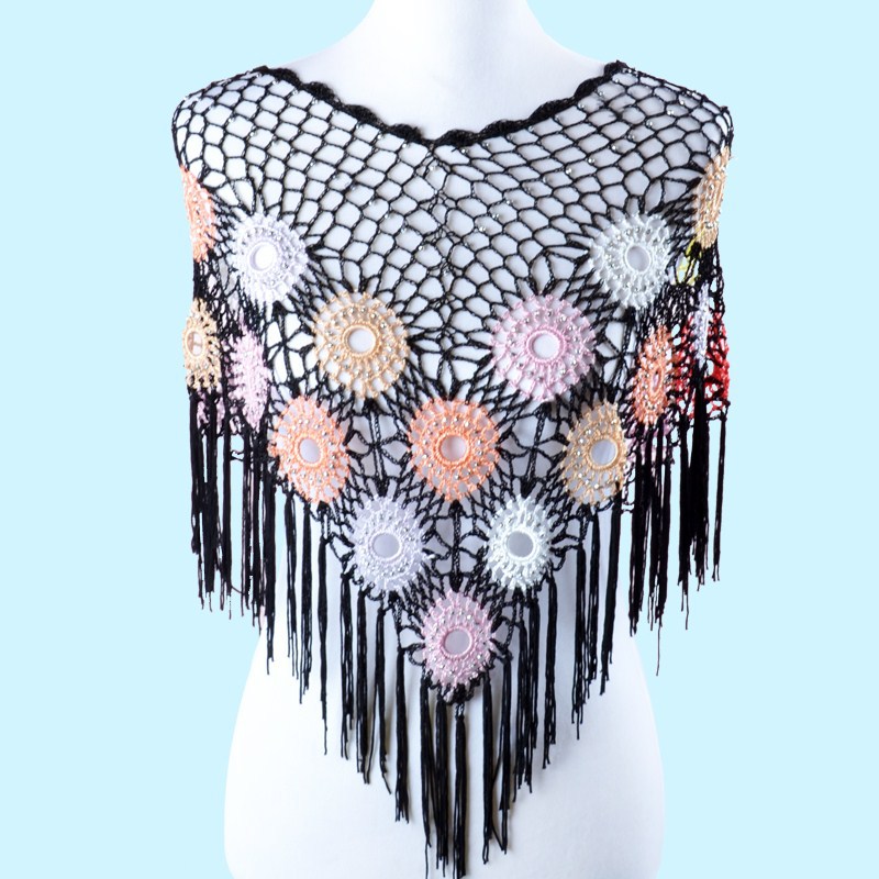 Black Fringed Shawl Wrap Crochet Beaded Scarves with tassel, Handmade, Crocheted Multiwear