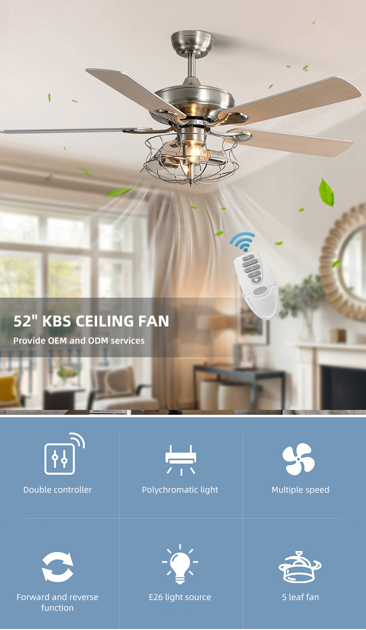 Brushed Nickel 2000LM Five Metal Blade Ceiling Fan With Light 65W