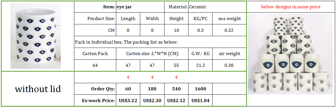 Eye Pattern Candle Ceramic Containers With Letterpress Printing Gravure Printing