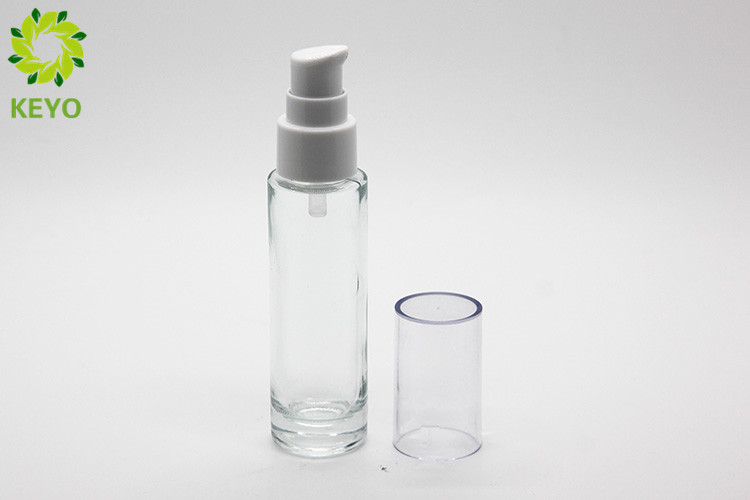 Clear Glass Foundation Bottle , Round Shape 30ml Empty Glass Pump Bottles