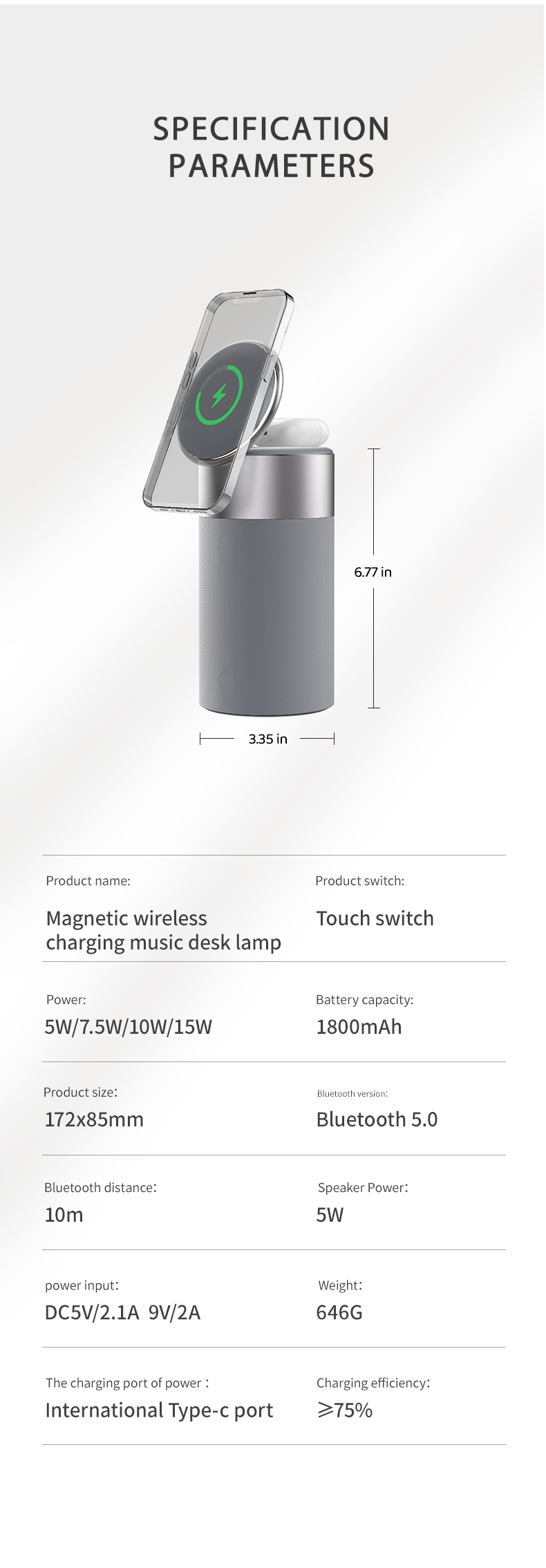 Type C Input 15W Fast Magnetic Wireless Charger with Speaker and Overcurrent Protection