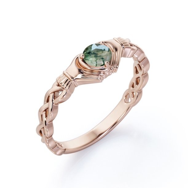 Round Brilliant Cut Clear Druzy Moss Green Agate - Braided Engagement Ring