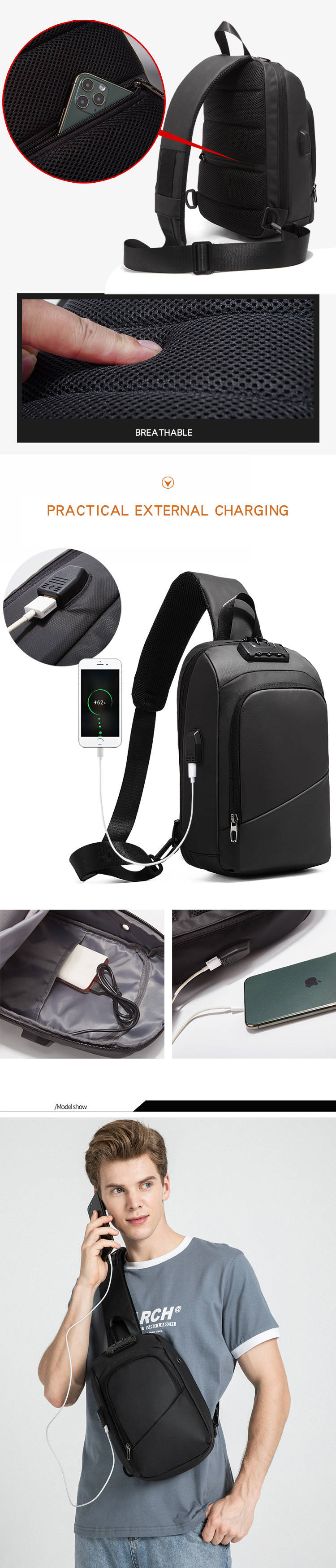 ISO9001 Anti Theft Lock Crossbody Chest Sling Bag For Men 19*12*31cm