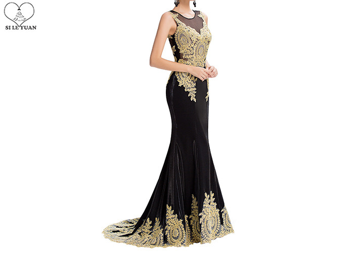 Velvet Fishtail Long Mermaid Style Prom Dress Gold Lace Sleeveless Open Back