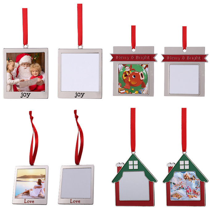Christmas Decorations Sublimation Blank Metal Pendants With Red Hanging Rope Christmas Photo Frame Ornaments