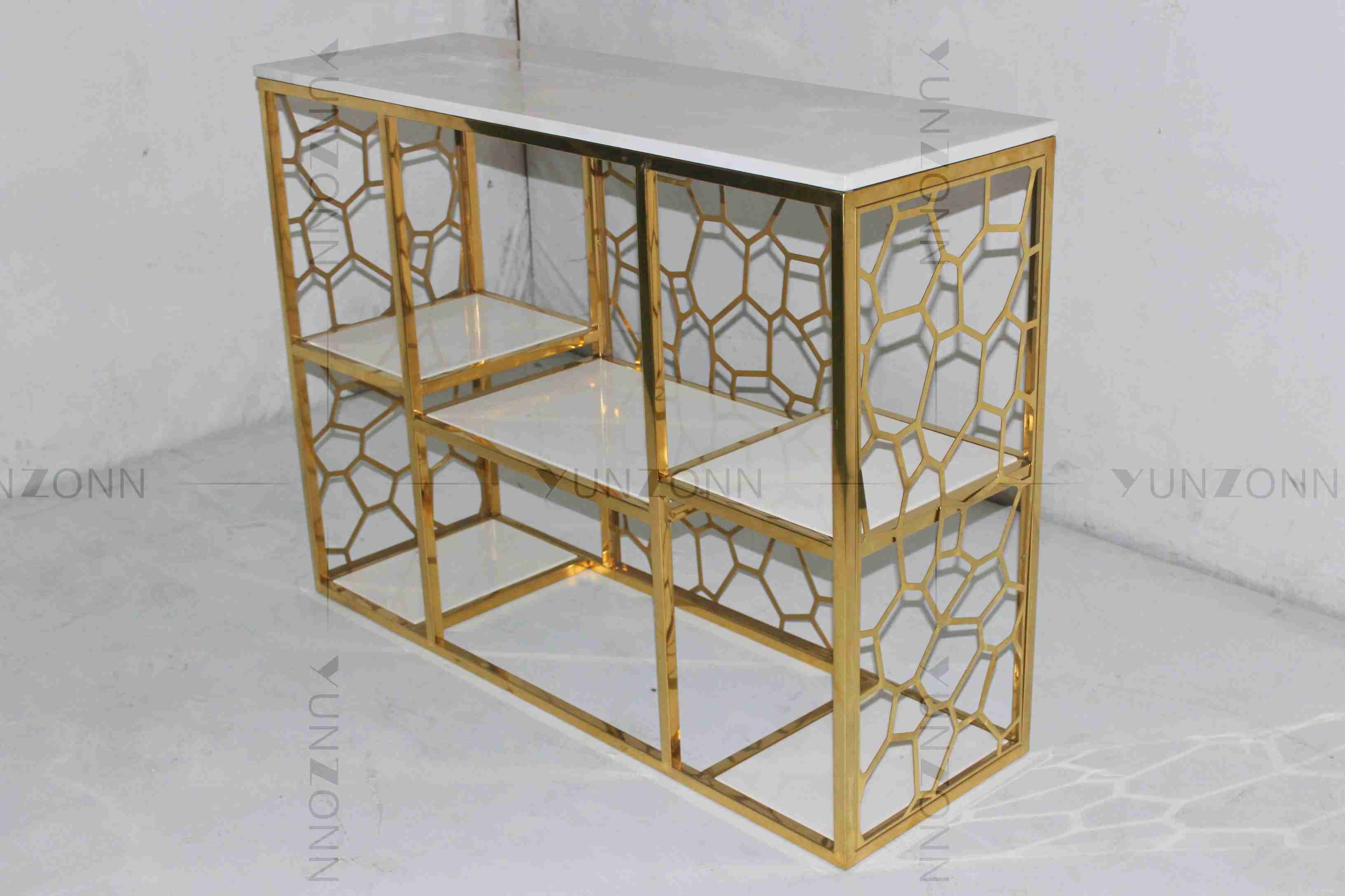 Hollow Out Pattern Carving Design Storage Cabinets Marble Gold Plated Shelving
