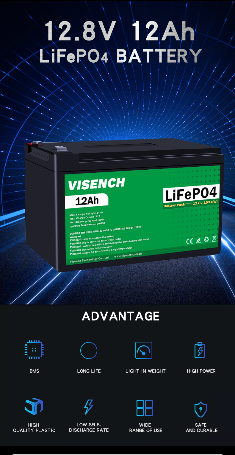 Visench OEM Prismatic 12V 12.8V Volt 12Ah Deep Cycle Storage Energy System Lifepo4 Lithium Ion Battery