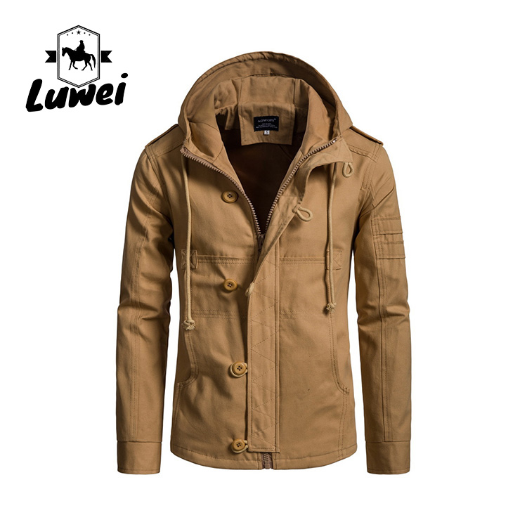 Winter Windproof Thin Work Outwear Blank Utility Cardigan Buttons Long Drawstring Hooded Coat Trench Men Jacket