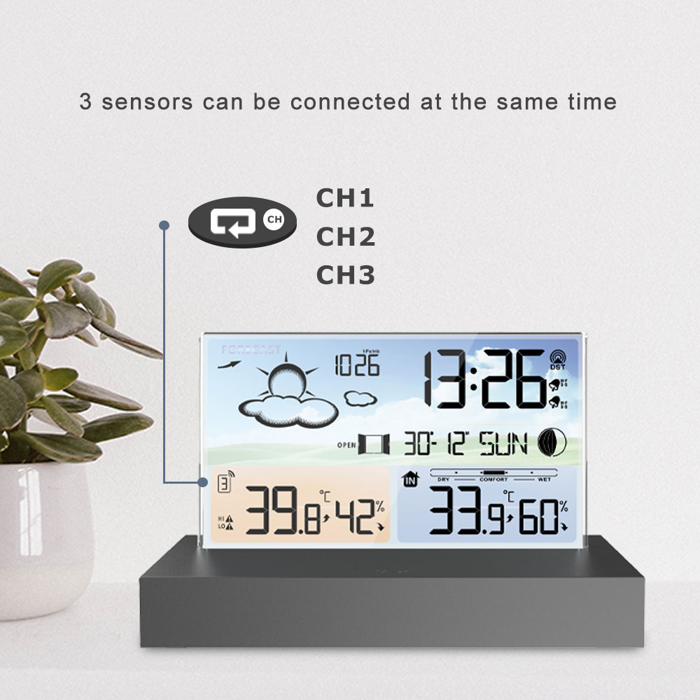 Multi Functional Electronic Weather Forecast Alarm Clock Desktop Transparent Glass Color Screen RF Wireless