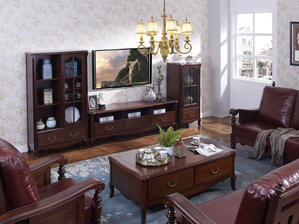 Rubber Wood Home Living room Leisure Amercian Furniture TV wall unit By Floor stand and Combine Cabinet with Hanger rack