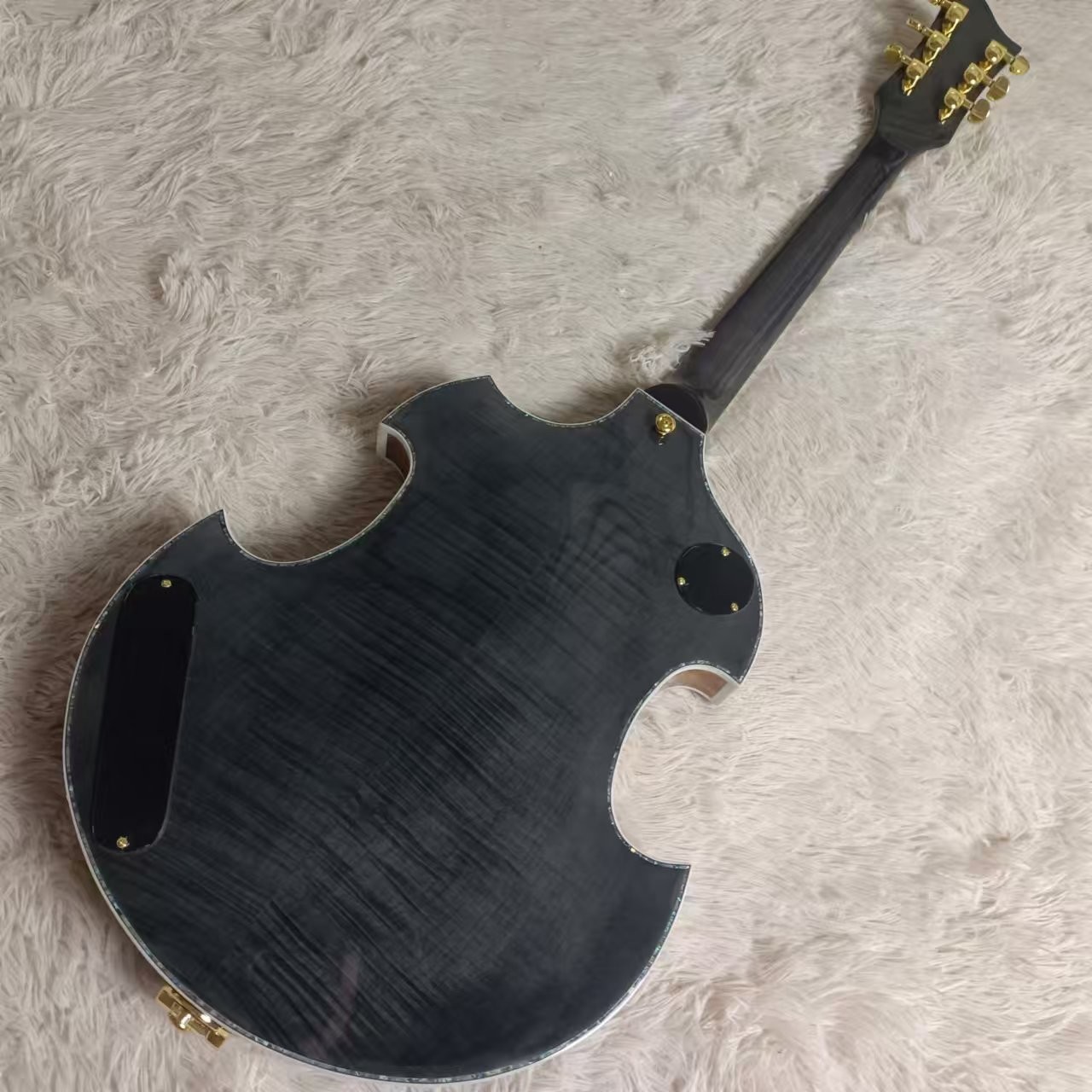 Custom f hole hollow body irregular body Gretsch style electric guitar with bigs bys trem in transparent black, accept guitar and bass OEM