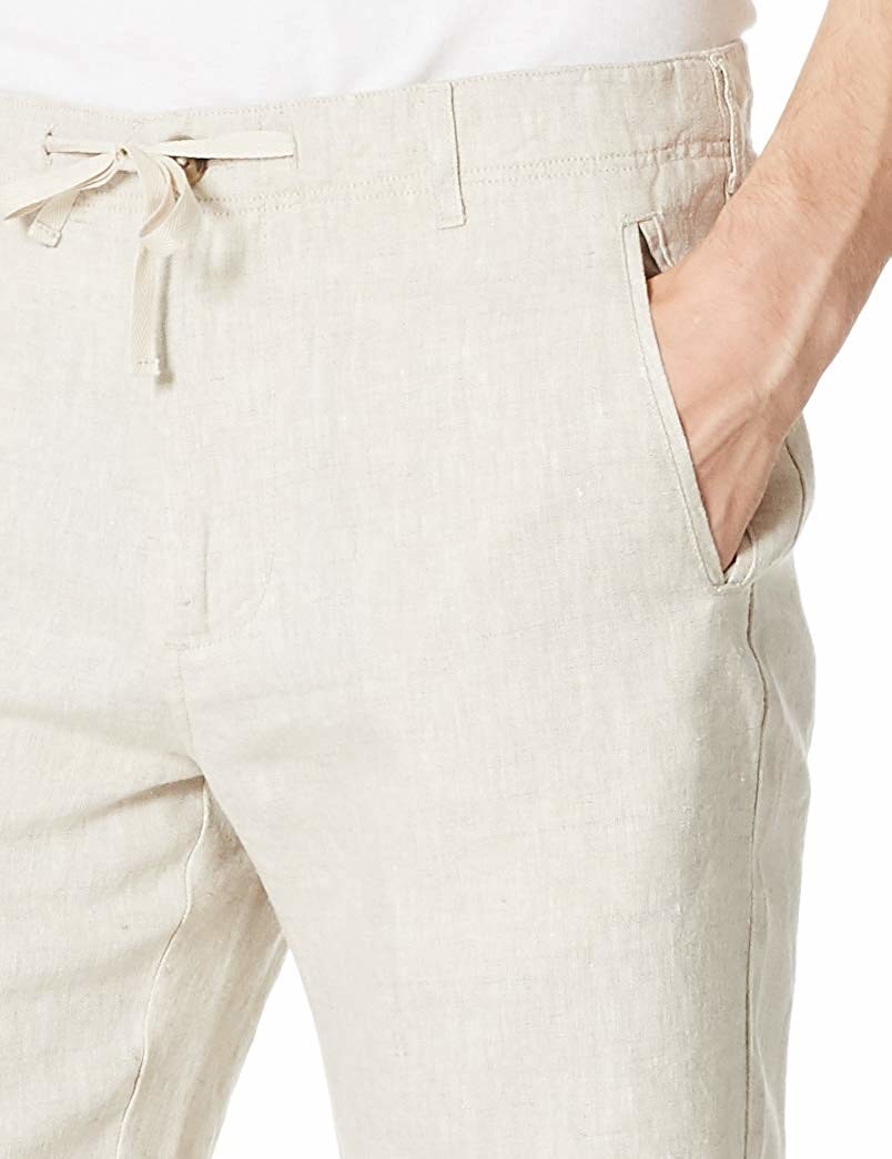 Zipper Closure Pure Linen Mens Casual Drawstring Shorts Mid Waist Straight Leg