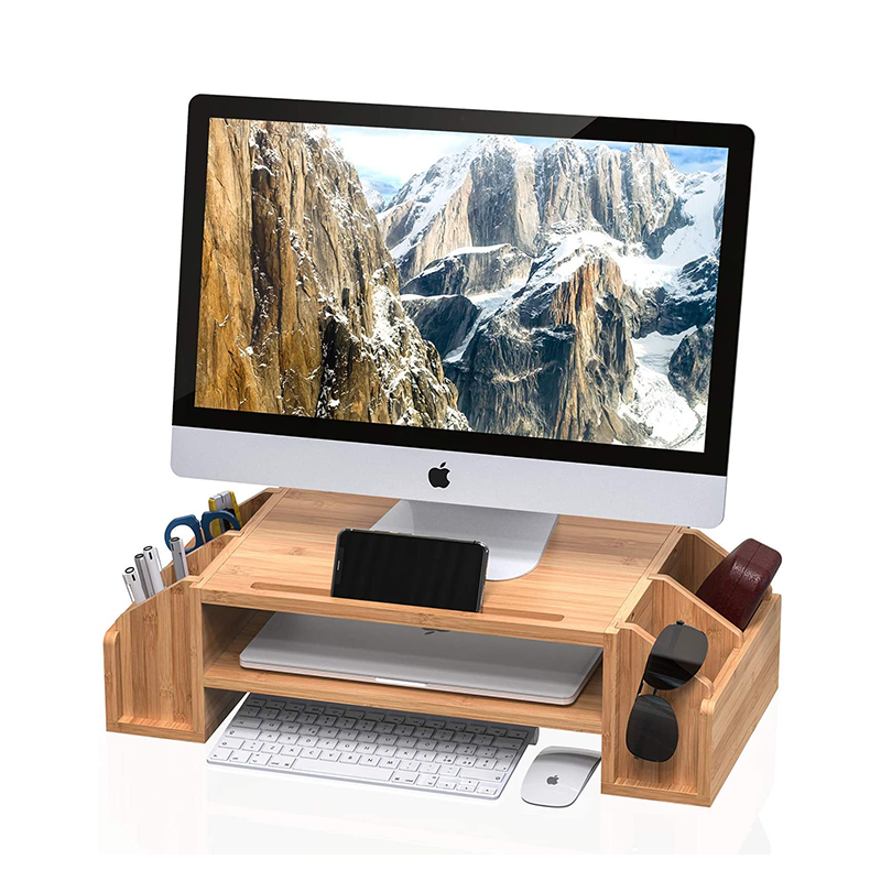 Computer Desk Organizer with Storage Bins Double Layer Bamboo Design OEM/ODM Accepted
