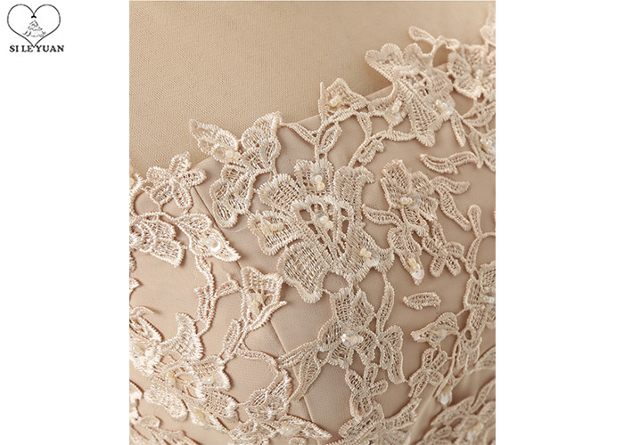 Champagne Lace Bridesmaid Dresses / Beaded Chiffon Plus Size A Line Ball Gowns