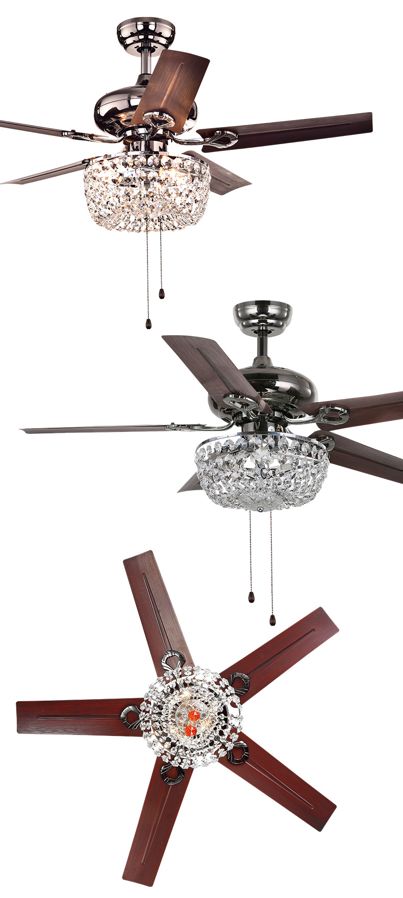 4100K 3600LM Crystal Flush Mount Ceiling Fan Office Ceiling Fan With Light Pull Chain