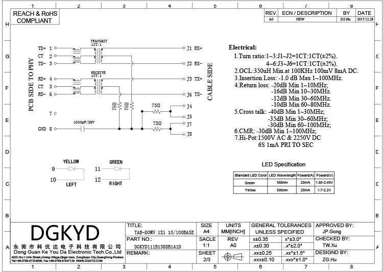 DGKYD111B138DB1A1D 8P8C RJ45 Single Port Plug Connector With LED