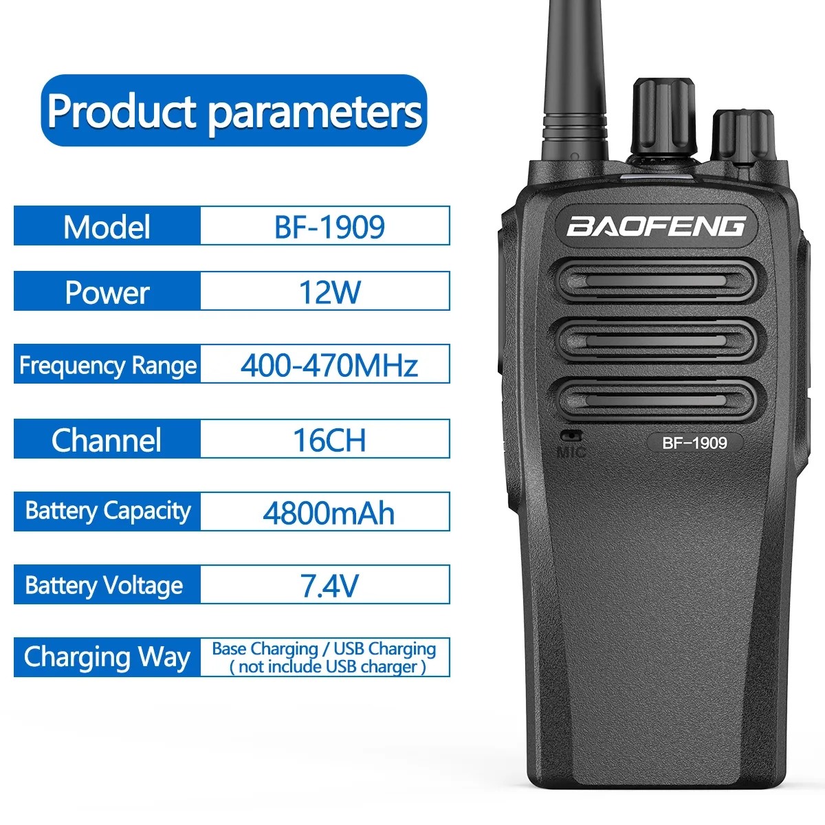 1800mAh 2 Way Radio Walkie Talkie BF-1909 Type C Charging DC 7.4V