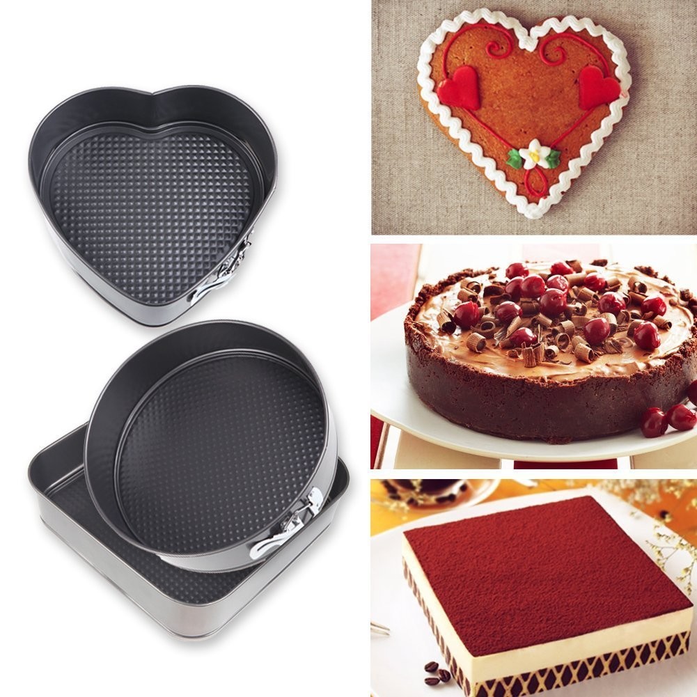 Nonstick Bakeware Springform Pan Set Bundle with 10-Inch Square, 9.8-Inch Round, 8.6-Inch Heart Shaped Cake Pan