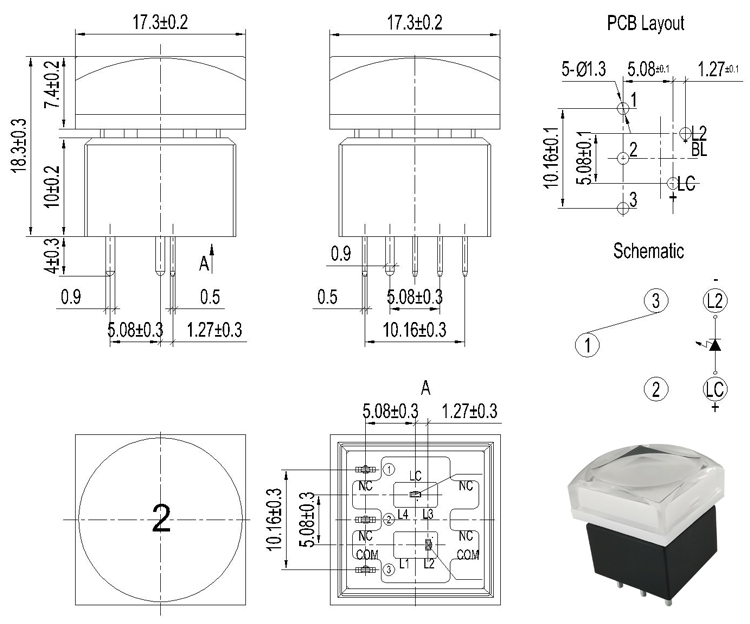 17x17mm SPDT DPDT Momentary Illuminated Push Button Switch