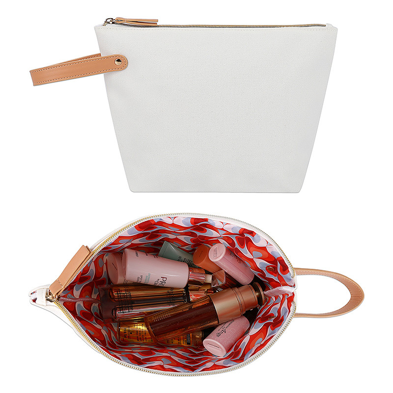 White Blank Canvas Makeup Bag Pouch With Fashion Interior Lining 11X4X8 Inch