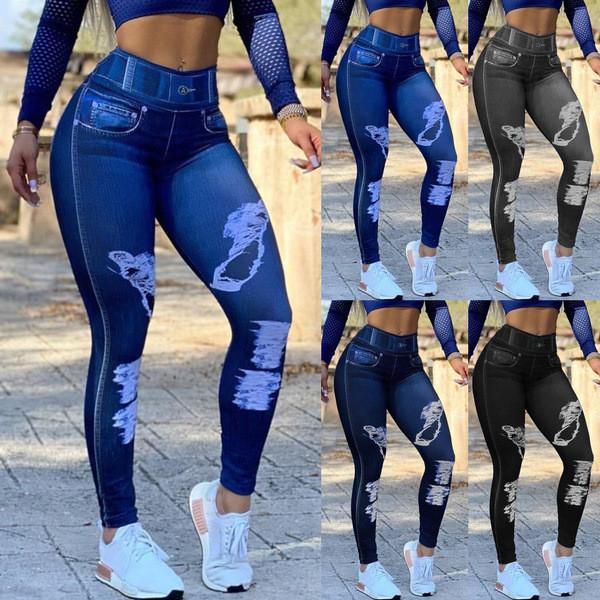 Yoga Tights Leggings Jean Yoga Pants High Waist Faux Denim Stretch Pencil