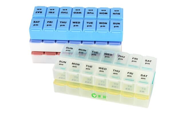 28 compartment column shape plastic pill storage box with pill crush box, Conventional eco-friendly 4 grids plastic trav