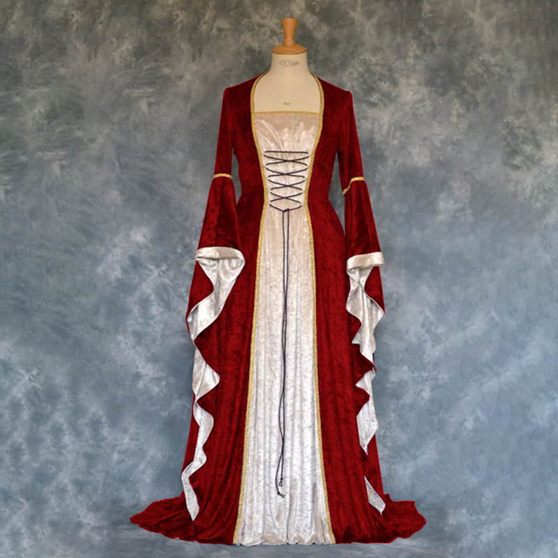 Retro Medieval Long Floor-Length Dress for Women Halloween Cosplay Stage Dancerwear