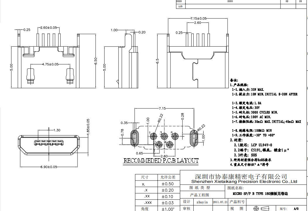 180 Degree Mini USB 5 Pin Connector