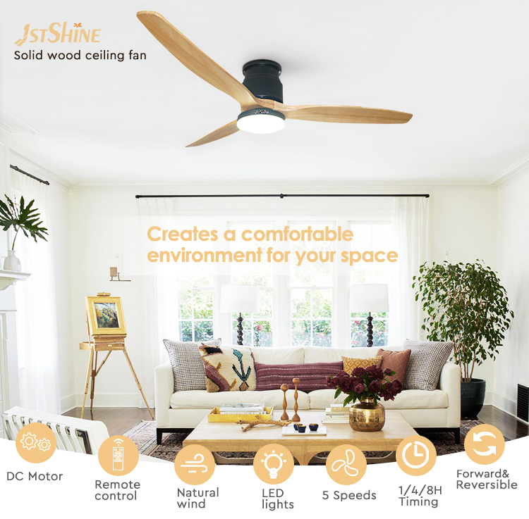 Modern Design Wooden Blades DC Ceiling Fan with Reversible Function and Remote Control