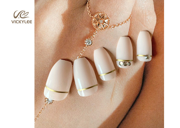 Long Artificial Press On Nude Coffin Nails With Crystal Stone