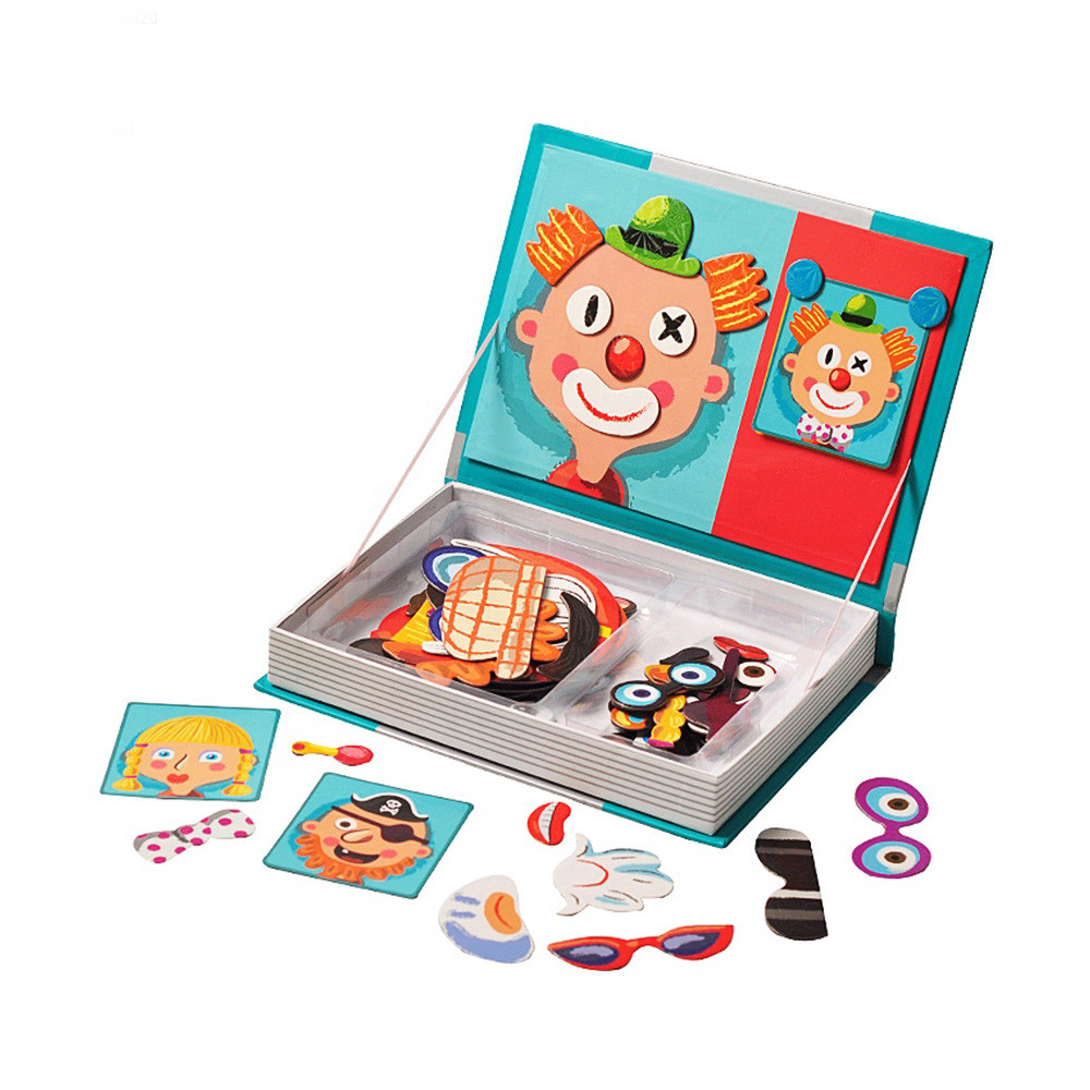 OEM Crazy Faces Magnetic Book Wood Jigsaw Puzzles Play Box For 3 Year Olds Children