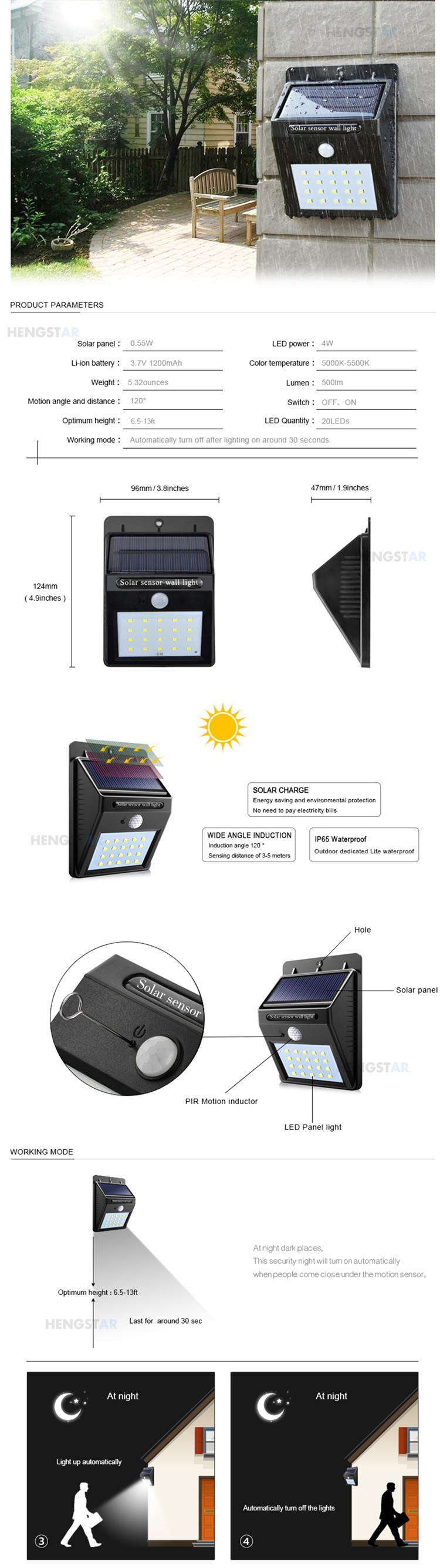 3 Modes Solar Powered LED Wall Light , Solar Powered Security Light With Motion Sensor