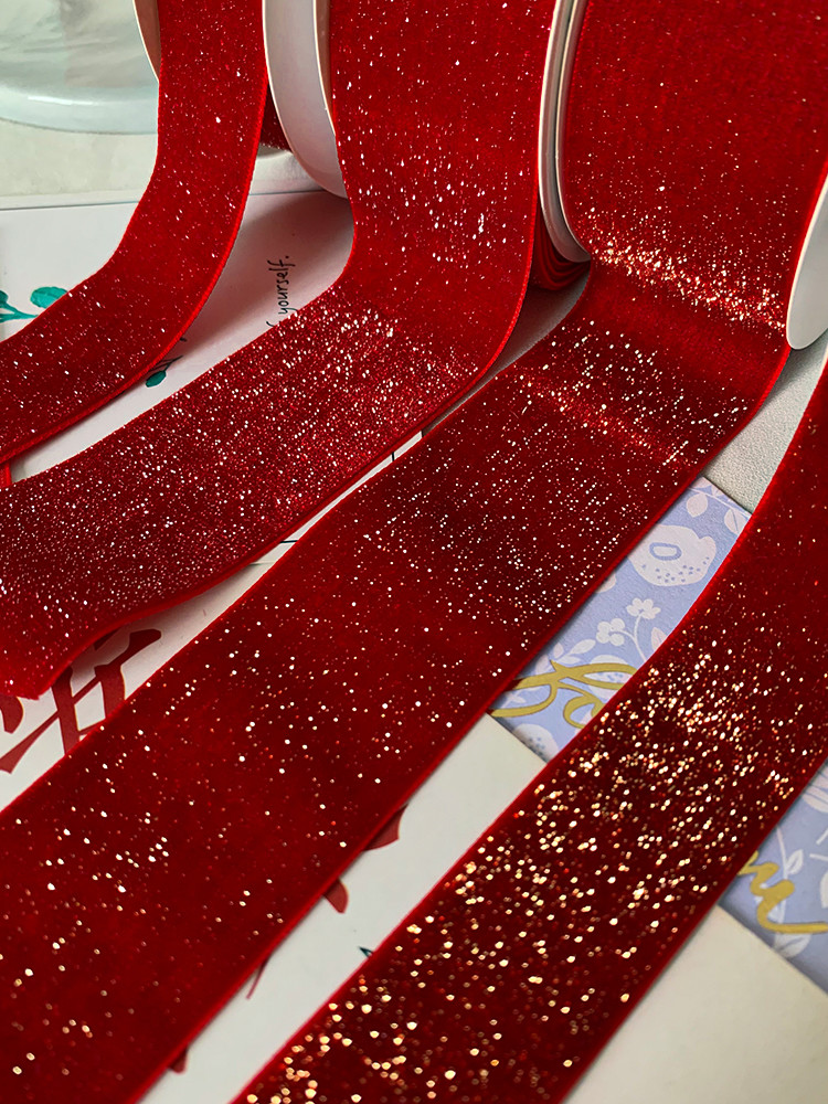 Shinny Glitter Velvet Ribbon 6mm-38mm Deep Red Velvet Ribbon Soft