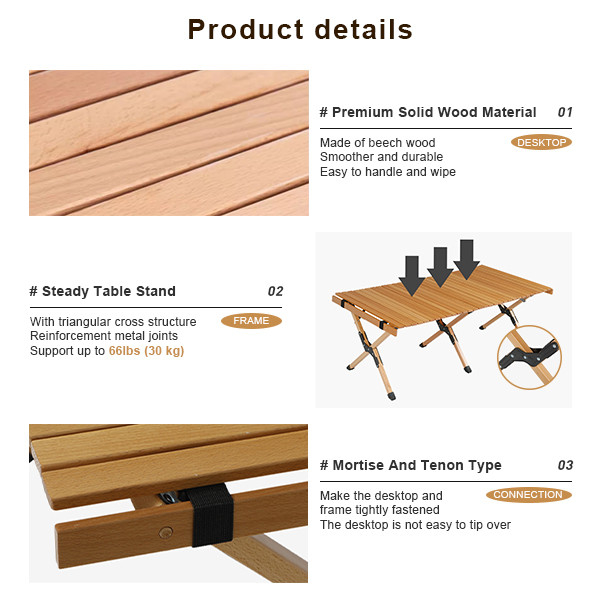 Beech Wood Foldable Camping Picnic Table Small Outdoor Table Camping Roll Up 4.70kg